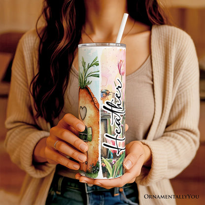 Gobelet isotherme personnalisé 590 ml (20 oz) avec couvercle et paille en acier inoxydable, motif floral et lapin de Pâques, tasse de voyage Coquette aux teintes pastel printanières (cadeau idéal)