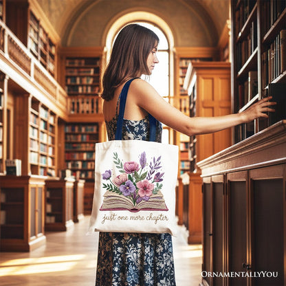 Floral Book Print Faux Crochet Tote for a Reader