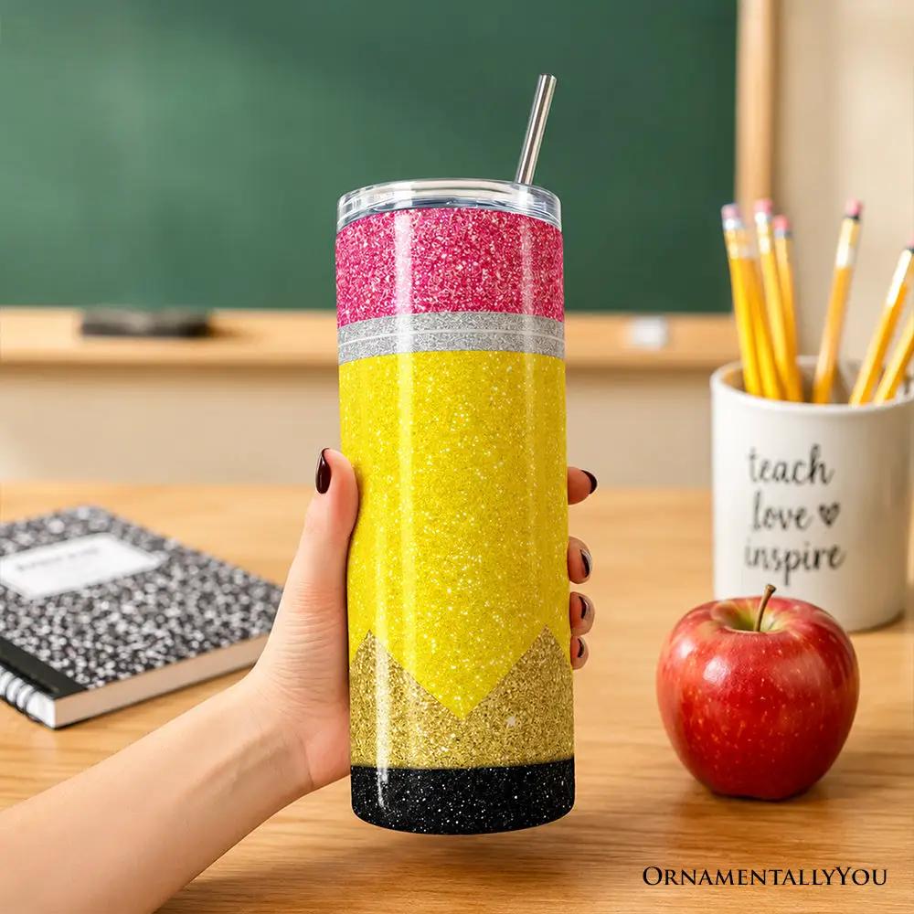 Tumbler Glitter Pencil Design 20oz with lid & straw; pink/yellow glitter OrnamentallyYou on Tampa Home & Garden Store