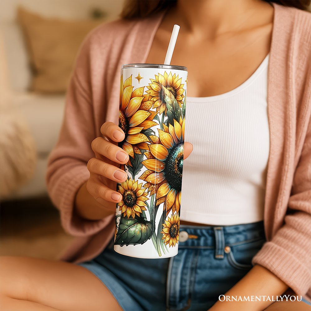 Vaso personalizado de 20 oz con estampado de girasol brillante, tapa y pajita de acero inoxidable, regalo de taza de viaje con flores de verano amarillas.