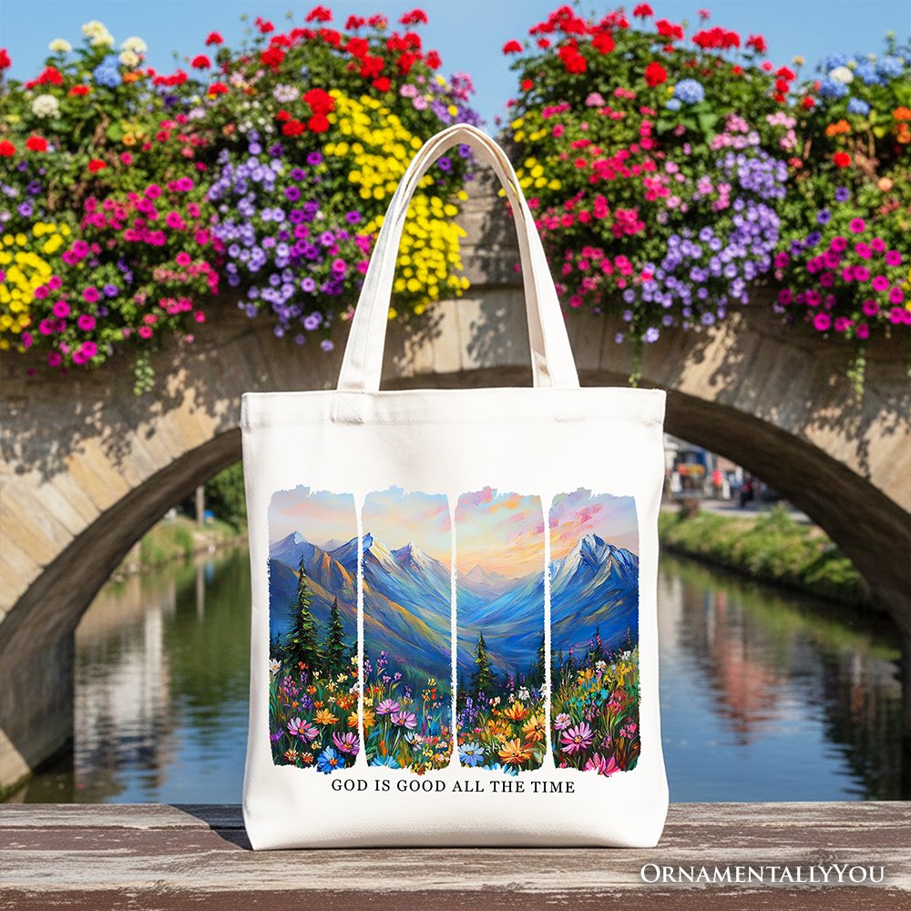 God Is Good Mountain Canvas Tote Bag and Joy