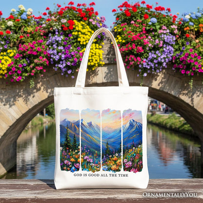 God Is Good Mountain Canvas Tote Bag and Joy