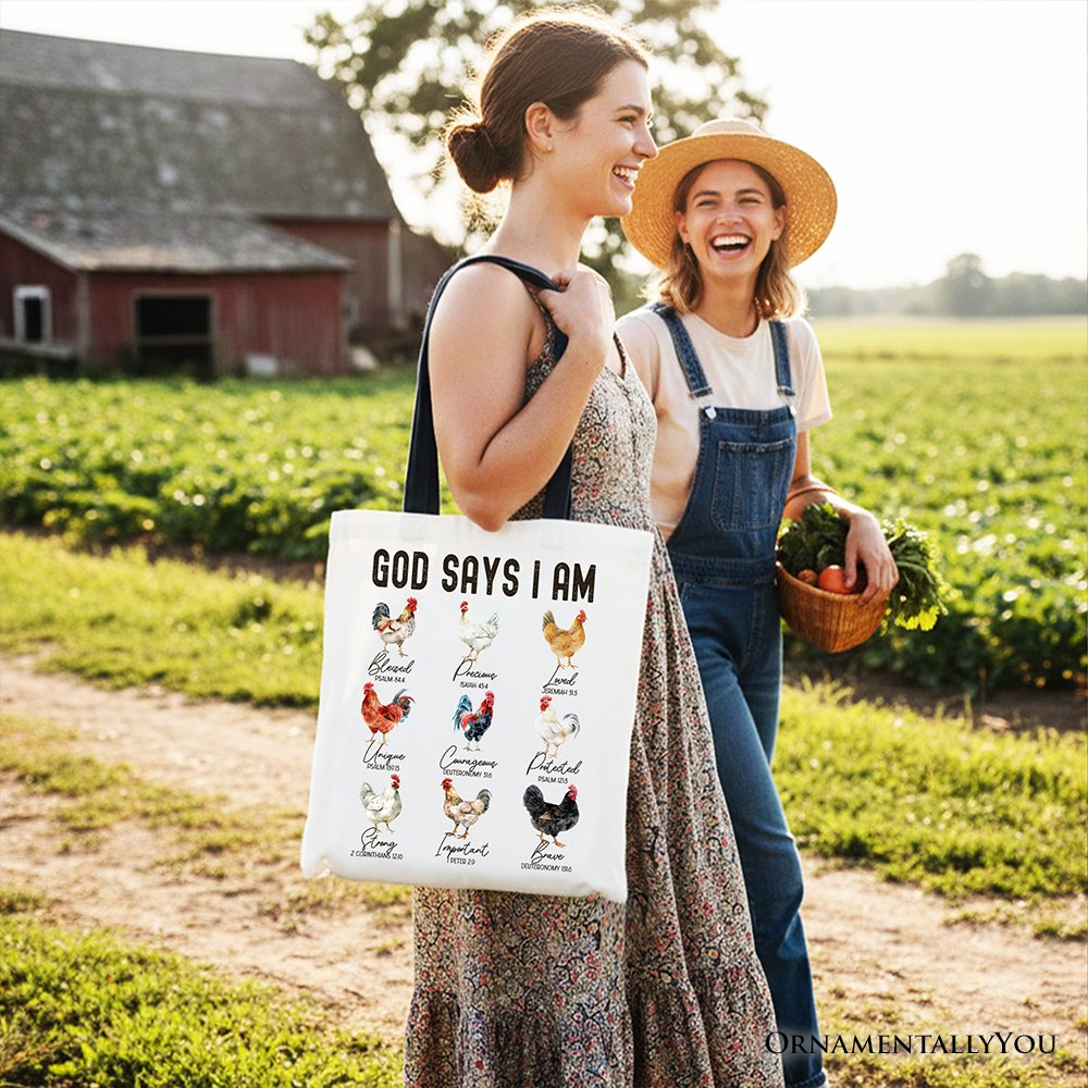 God Says I Am Christian Tote and Farm Rooster Bag