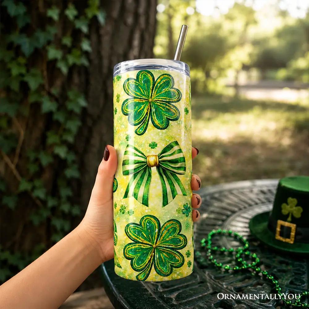 20oz tumbler with lid and straw, green shamrock bow pattern OrnamentallyYou on Tampa Home & Garden Store