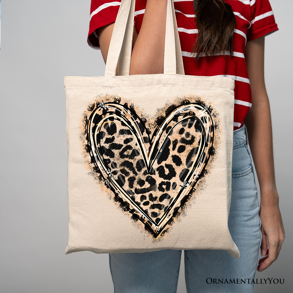 Leopard Heart Valentine Canvas Tote Bag, Love Design Shopper