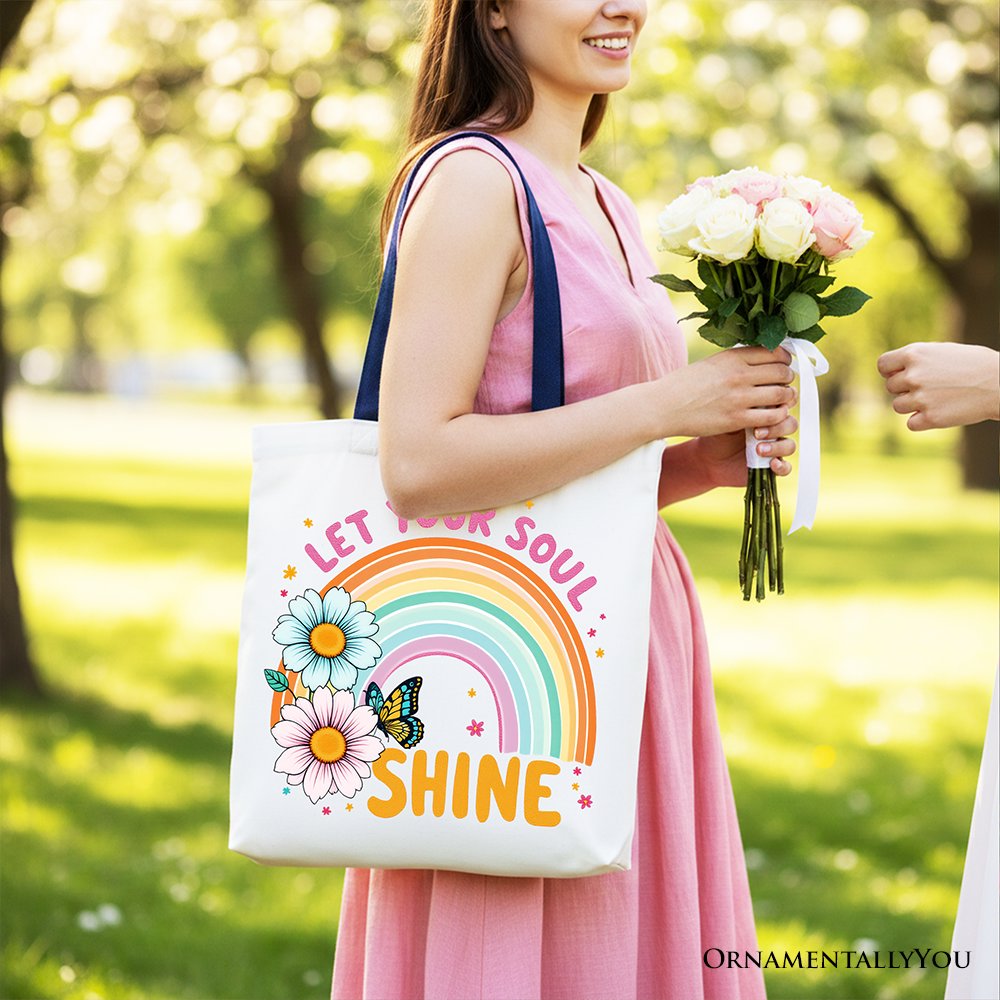 Rainbow Pastel Floral Canvas Tote Bag for Travel