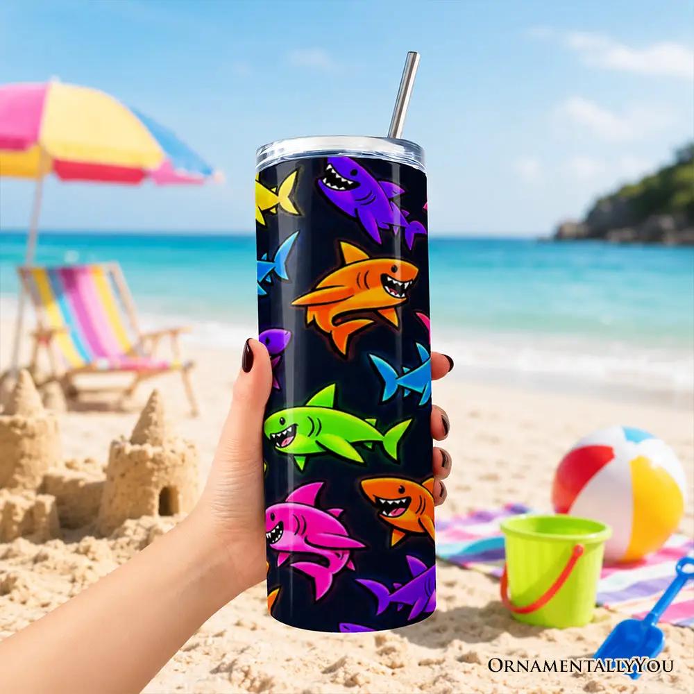 20oz neon shark pattern tumbler with lid and stainless steel straw by OrnamentallyYou on Tampa Home & Garden Store