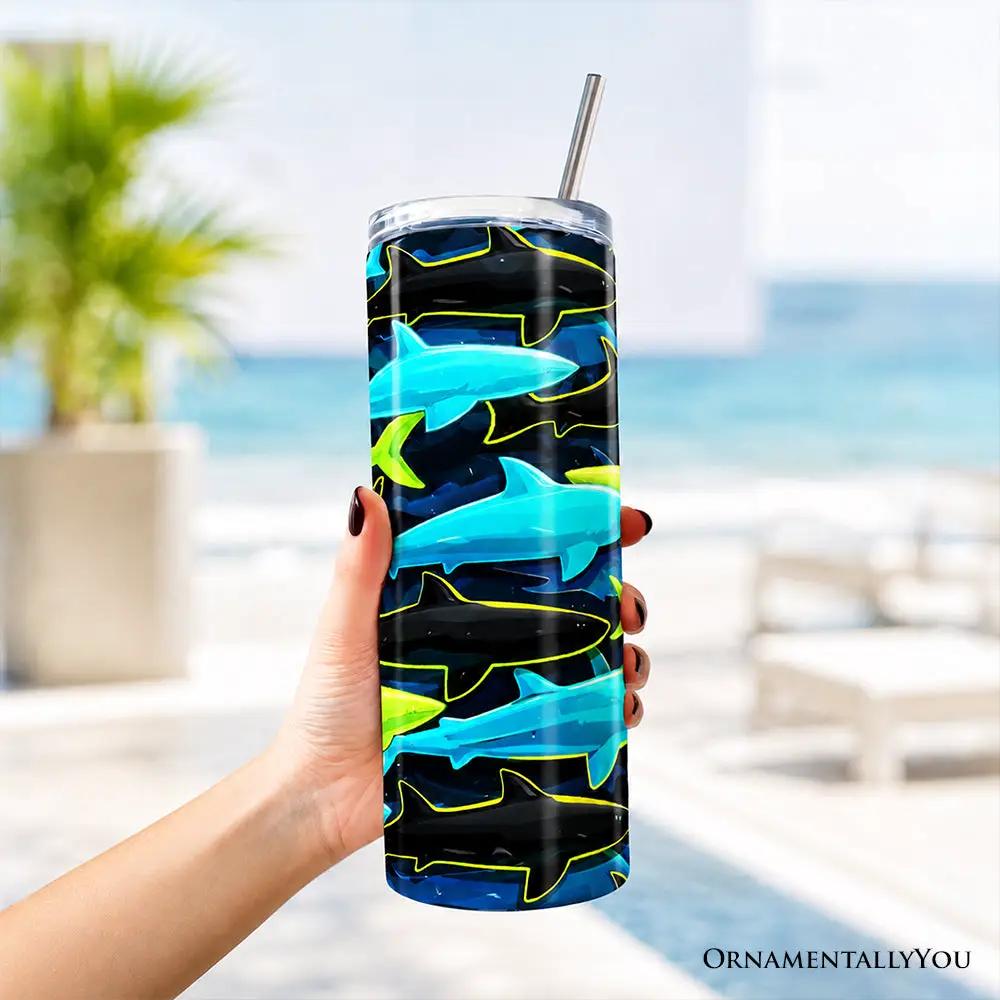 20oz tumbler Neon shark camo with lid and stainless steel straw OrnamentallyYou on Tampa Home & Garden Store
