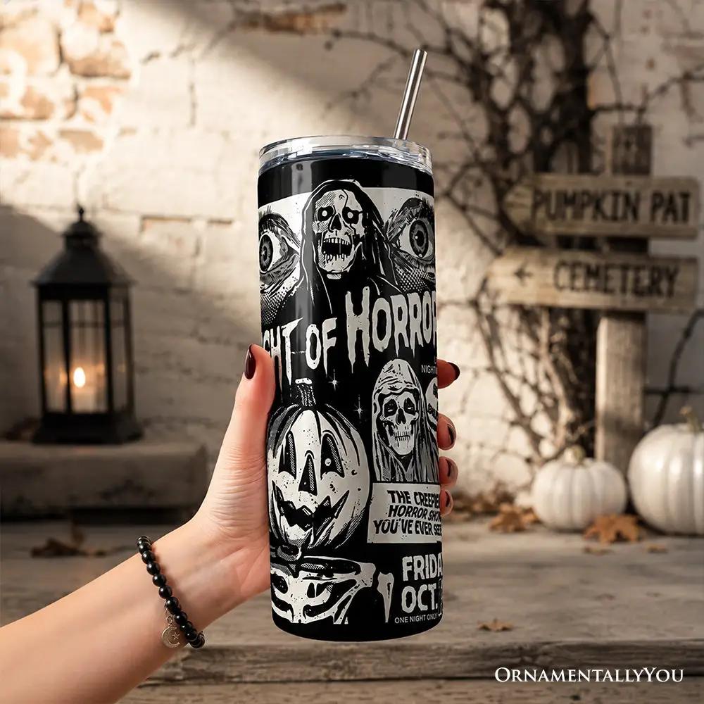 Night of Horrors 20oz tumbler with lid and straw, black-white retro horror poster on Tampa Home & Garden Store