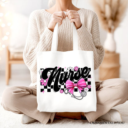 Nurse Floral Pink Bow Canvas Tote and Gifts