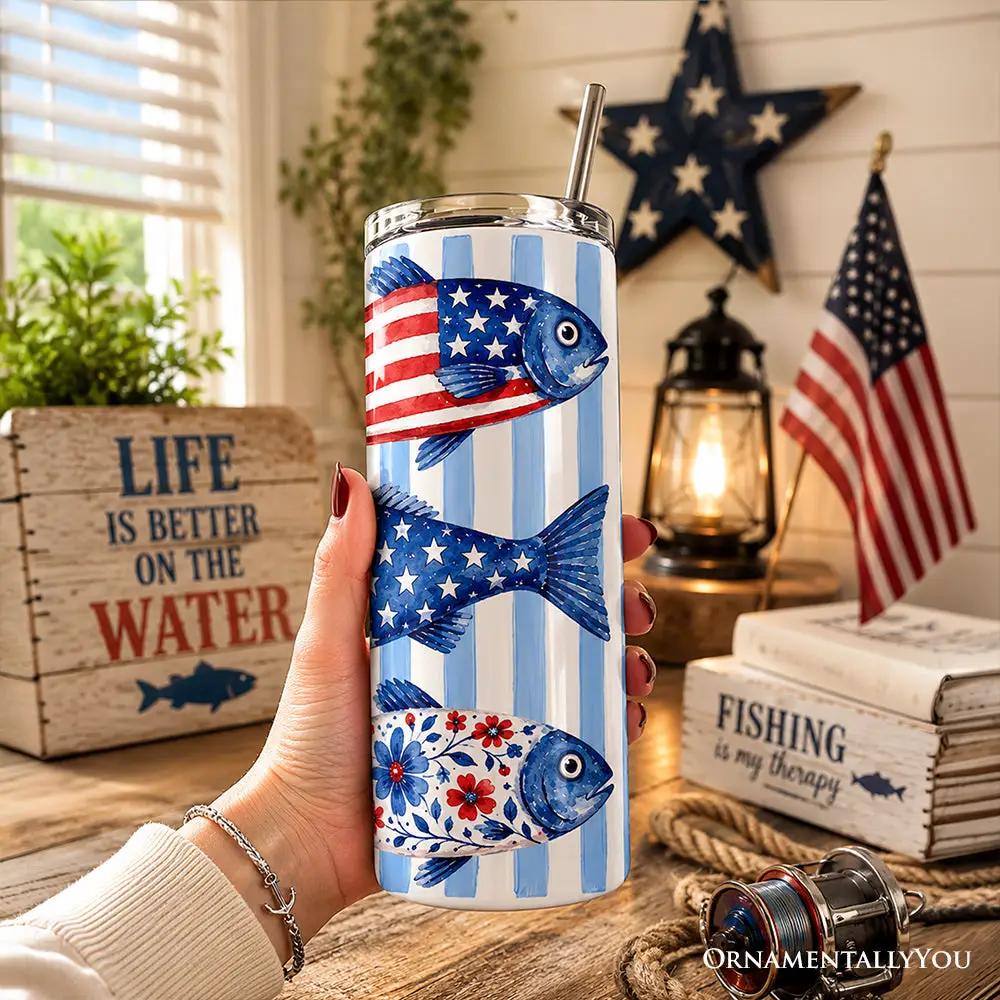 20oz Patriotic Fish Stripe Tumbler with lid and stainless steel straw by OrnamentallyYou on Tampa Home & Garden Store