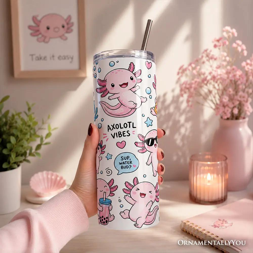 Tumbler Pink Axolotl Vibe 20oz with lid and stainless straw pattern OrnamentallyYou on Tampa Home & Garden Store