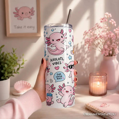 Tumbler Pink Axolotl Vibe 20oz with lid and stainless straw pattern OrnamentallyYou on Tampa Home & Garden Store