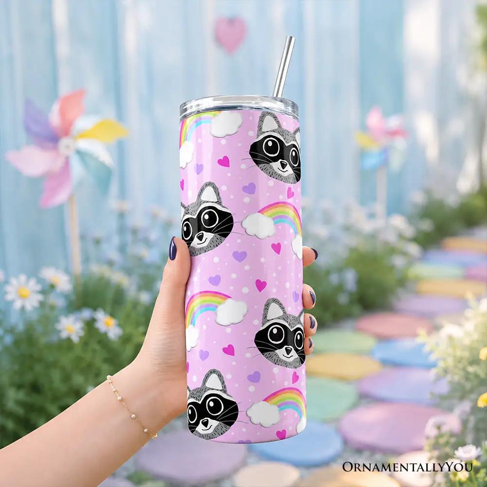 Tumbler 20oz pink raccoon rainbow pattern with lid and stainless steel straw OrnamentallyYou on Tampa Home & Garden Store
