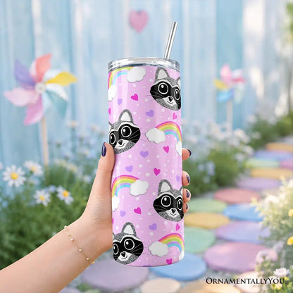 Tumbler 20oz pink raccoon rainbow pattern with lid and stainless steel straw OrnamentallyYou on Tampa Home & Garden Store