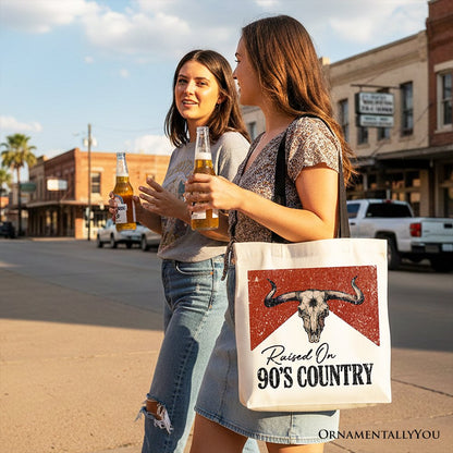 Raised On 90s Country Tote Bag With Bull Skull