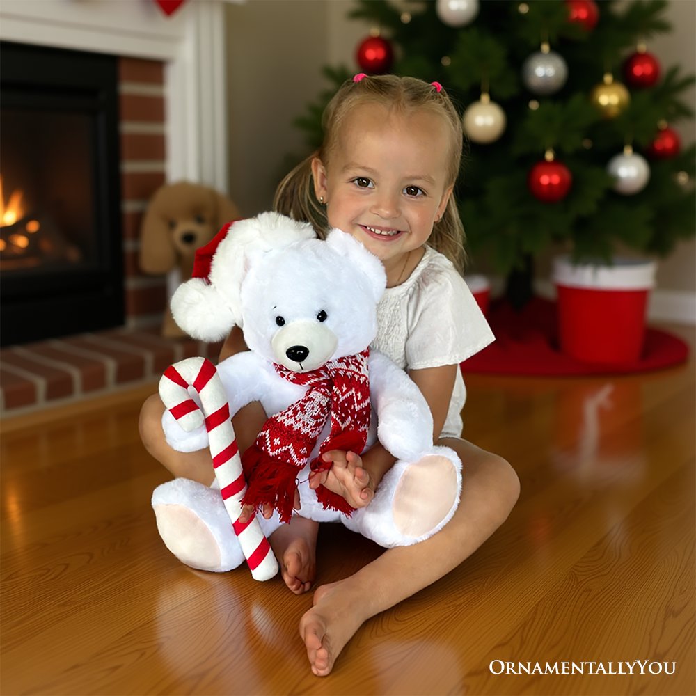 Oso polar de peluche Snowy, un adorable peluche navideño infantil de 30 cm con gorro de Papá Noel y bastón de caramelo.