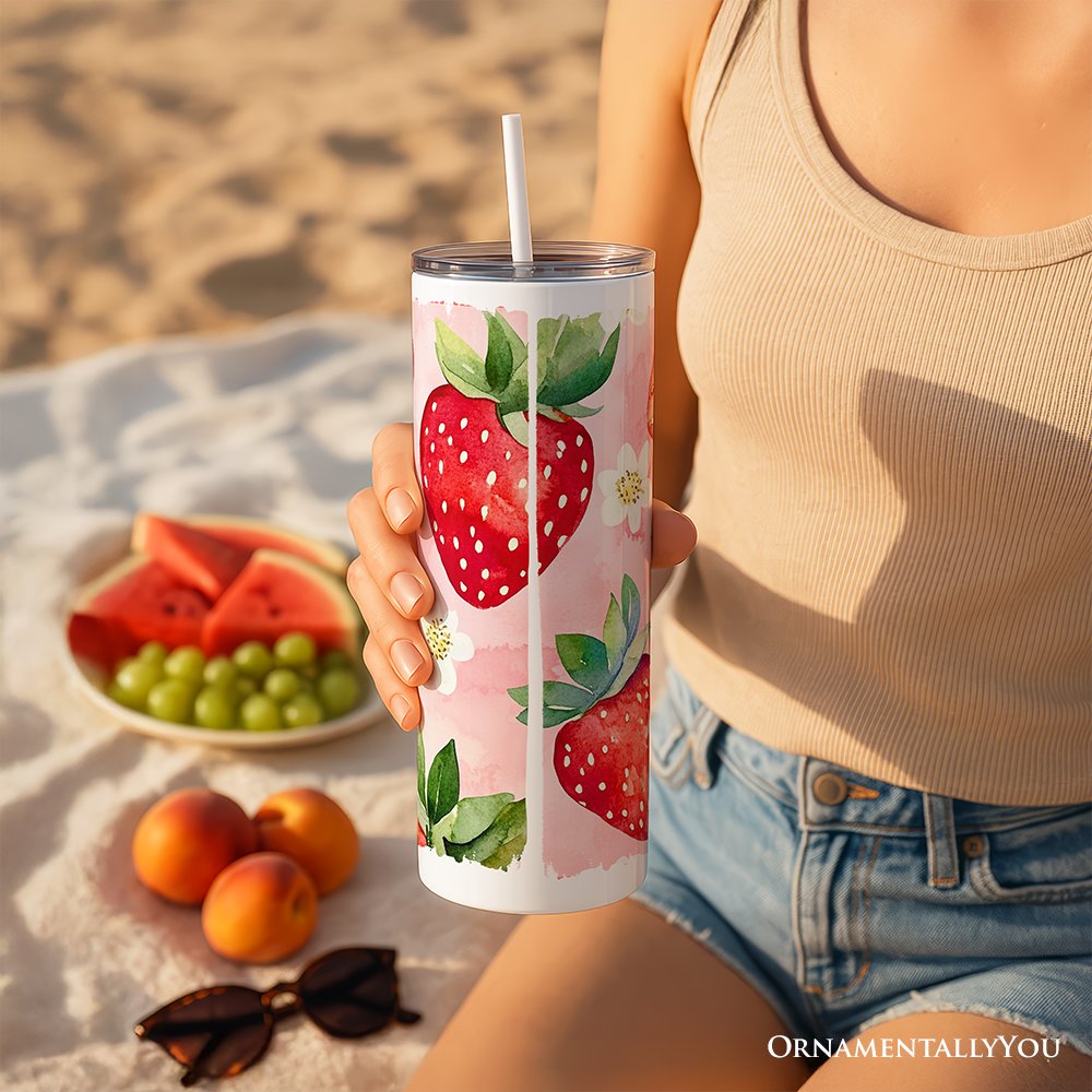 Gobelet isotherme personnalisé de 590 ml (20 oz) à motif fraise, avec couvercle et paille en acier inoxydable, cadeau idéal pour les voyages en été, rose girly.