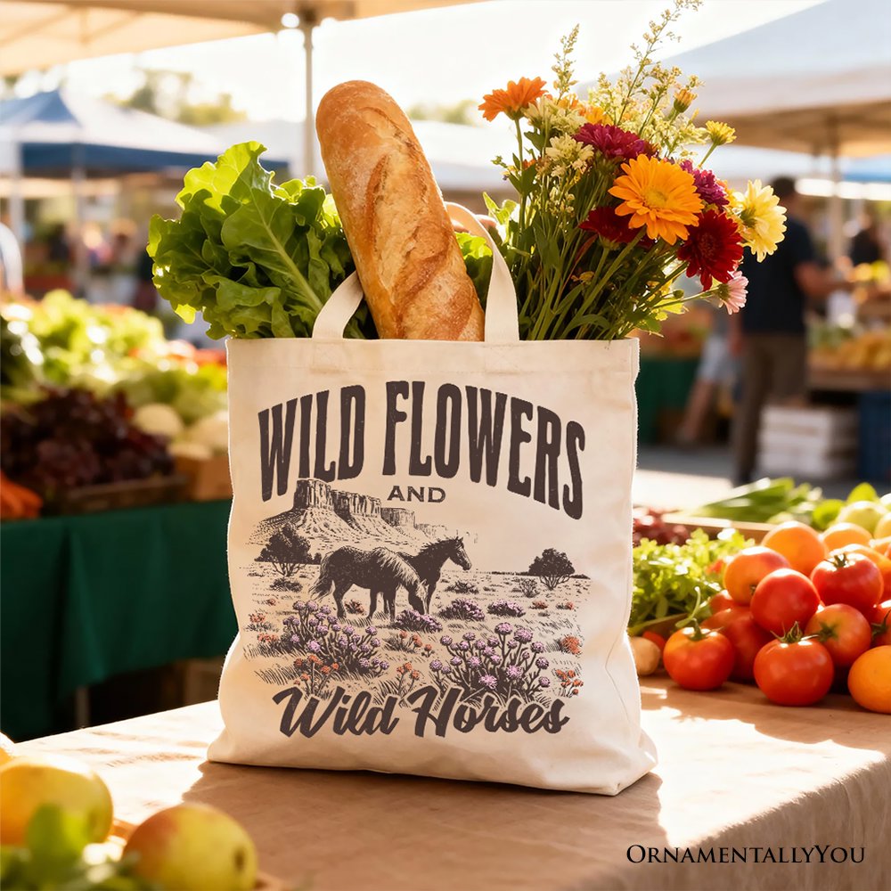 Retro Wild Flowers and Horse Canvas Tote Bag