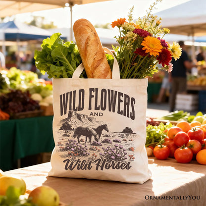 Retro Wild Flowers and Horse Canvas Tote Bag