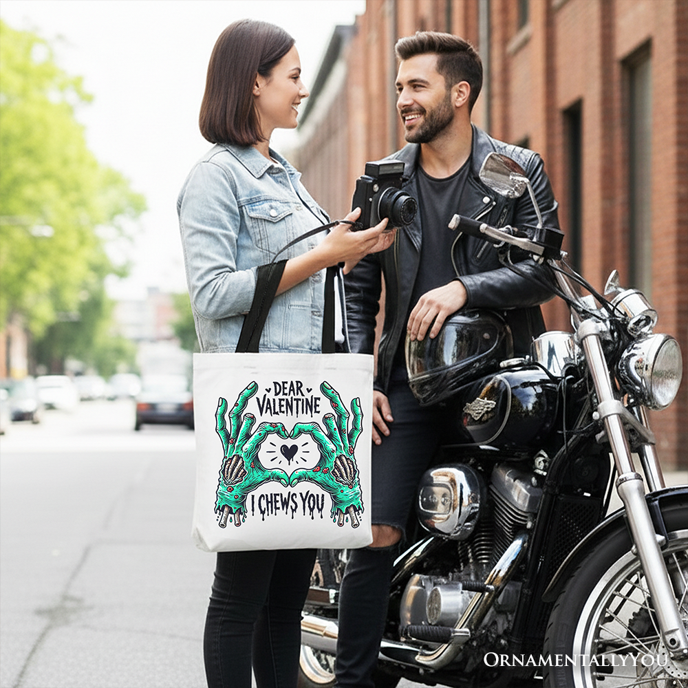 Zombie Valentine Hands I Chews You Canvas Tote Bag, Funny Bag for Horror Spring Season