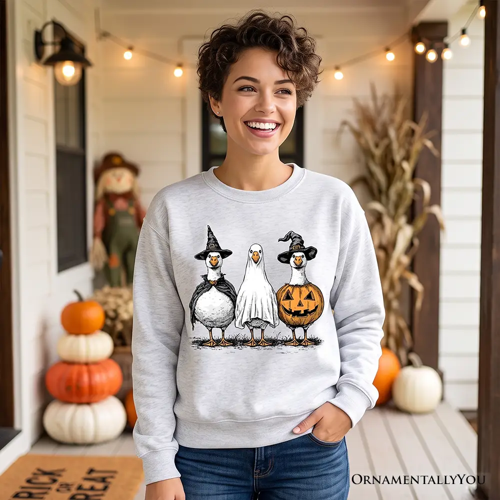 Haunting Honkers Goose Sweatshirt with three geese on gray crewneck by OrnamentallyYou on Tampa Home & Garden Store