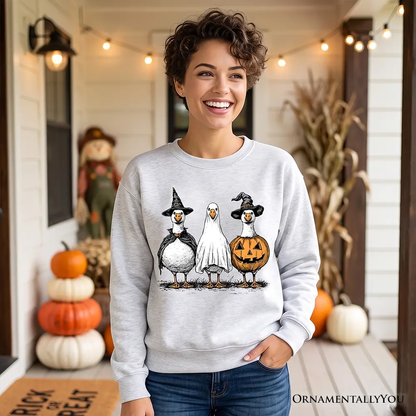 Haunting Honkers Goose Sweatshirt with three geese on gray crewneck by OrnamentallyYou on Tampa Home & Garden Store