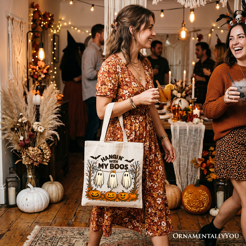 Boho Canvas Ghost Tote Bag and Fall Pumpkin Gift
