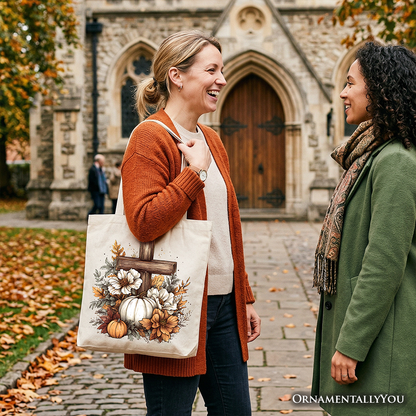 Faith Floral Pumpkin Cross Tote Bag For Fall