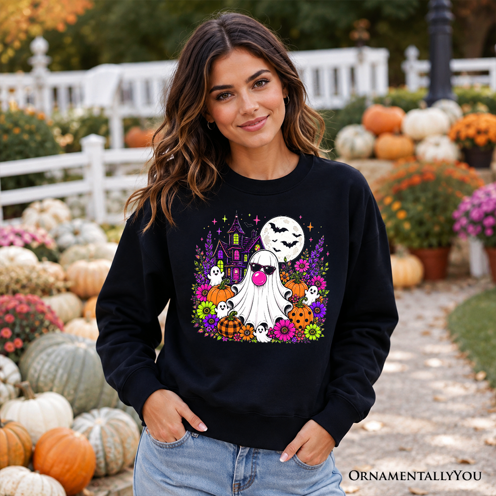 Bubblegum Ghost Haunted House Sweatshirt black with pumpkin floral design OrnamentallyYou on Tampa Home & Garden Store