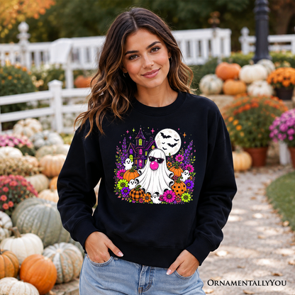Bubblegum Ghost Haunted House Sweatshirt black with pumpkin floral design OrnamentallyYou on Tampa Home & Garden Store