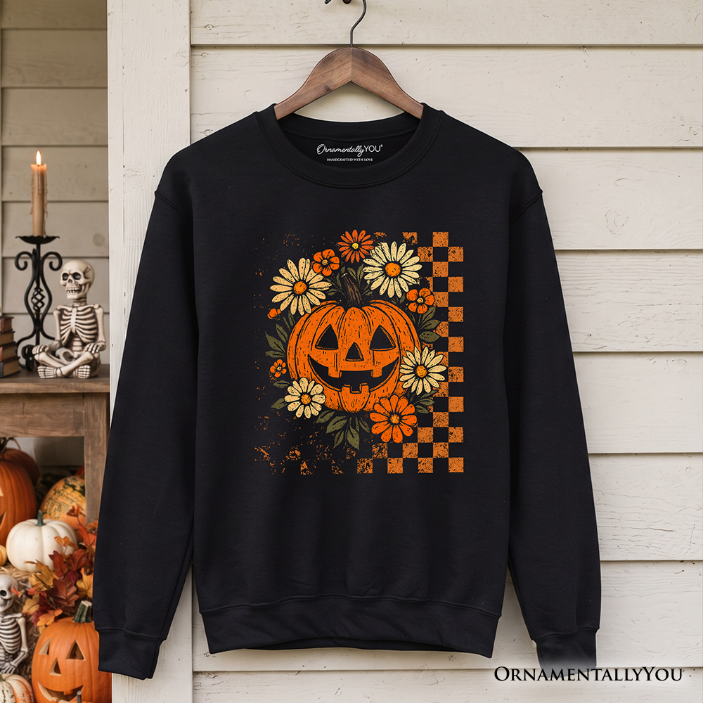 Checkered Floral Pumpkin Sweatshirt For Halloween