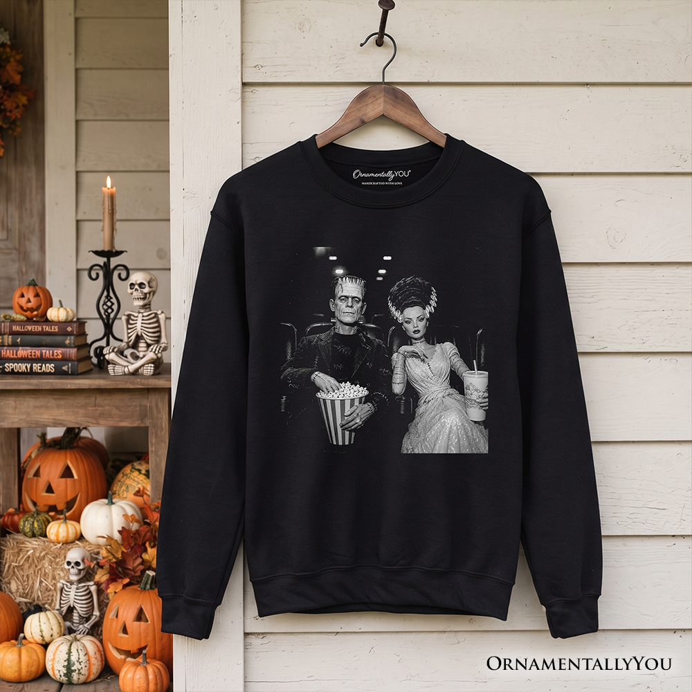 Frankenstein Movie Date Night Sweatshirt by OrnamentallyYou, black crewneck with horror couple graphic on Tampa Home & Garden Store