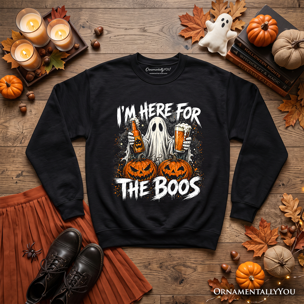 I'm Here for Boos ghost sweatshirt black crewneck with pumpkins and beer by OrnamentallyYou on Tampa Home & Garden Store