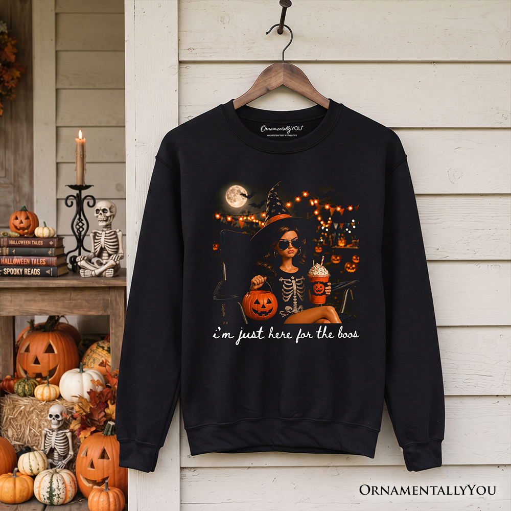 I'm Just Here for the Boos Witch Sweatshirt, black skeleton graphic, OrnamentallyYou on Tampa Home & Garden Store