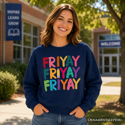 Friday Teacher Sweatshirt in navy with a colorful FRIYAY graphic by OrnamentallyYou on Tampa Home & Garden Store