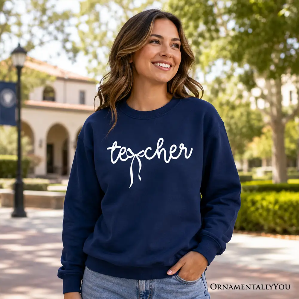 Navy Teacher Coquette Bow Sweatshirt by OrnamentallyYou with white script teacher on front on Tampa Home & Garden Store