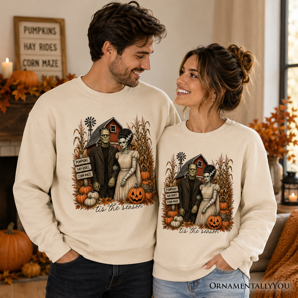 Frankenstein Couple Pumpkin Patch Sweatshirts cream by OrnamentallyYou vintage Halloween on Tampa Home & Garden Store
