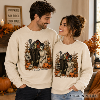 Frankenstein Couple Pumpkin Patch Sweatshirts cream by OrnamentallyYou vintage Halloween on Tampa Home & Garden Store