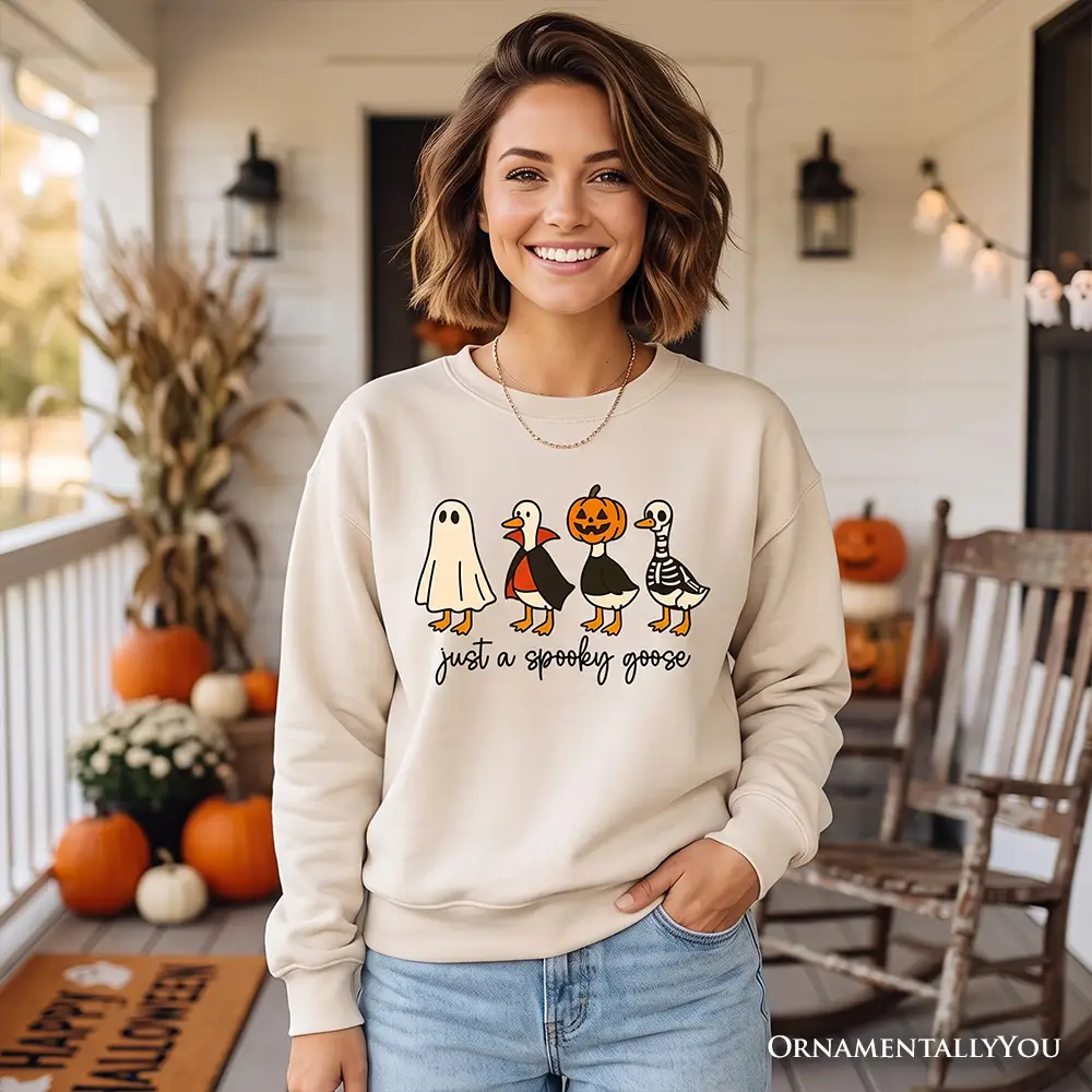 Just a Spooky Goose Sweatshirt beige crewneck with ghost and duck print OrnamentallyYou on Tampa Home & Garden Store