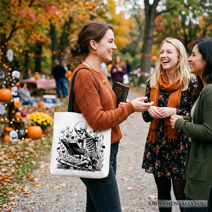 Gothic Reading Skeleton Canvas Floral Tote Bag