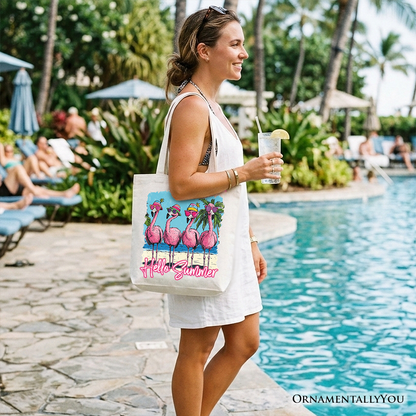 Flamingo Hello Summer Canvas Tote Bag for Beach