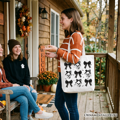Black Gothic Coquette Skulls and Bows Tote