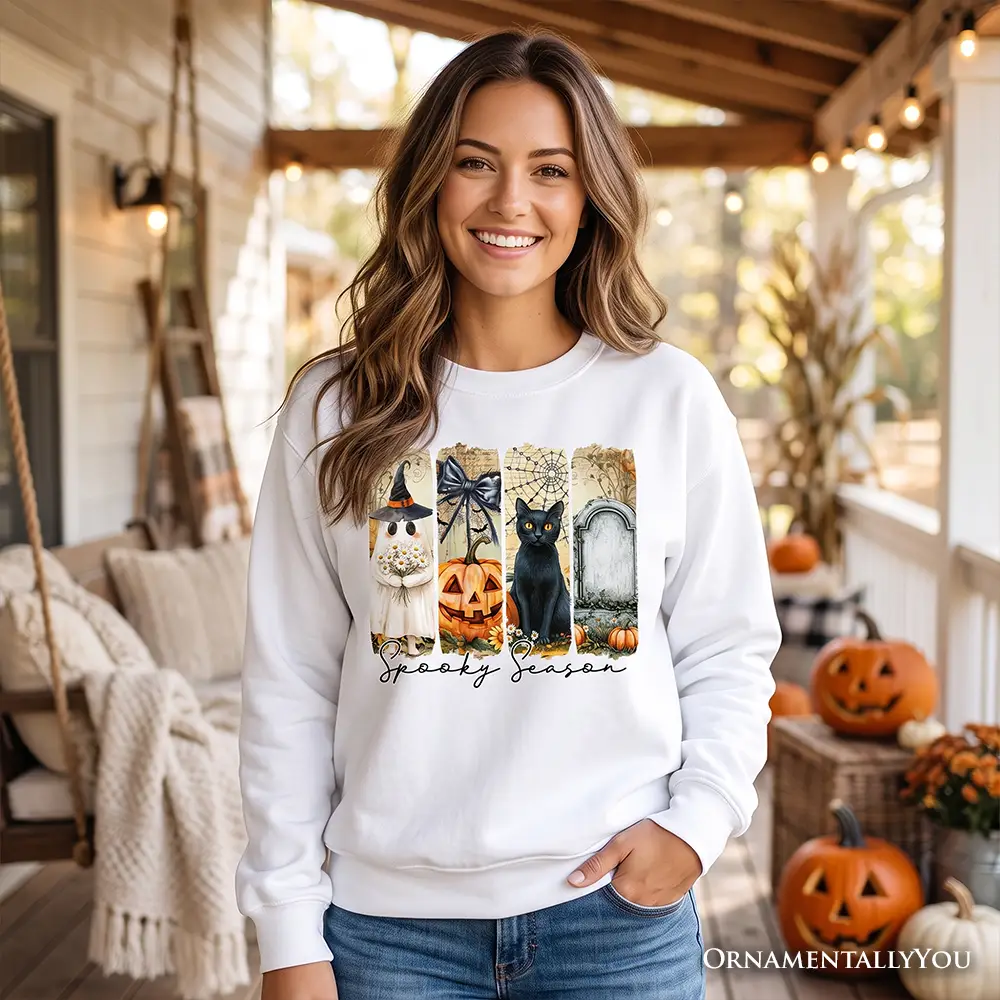 White Fall Spooky Season Brushstroke Sweatshirt by OrnamentallyYou with ghost, cat and pumpkins on Tampa Home & Garden Store