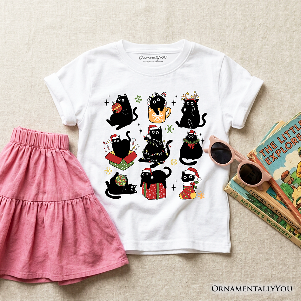 Kids Christmas Black Cat Playful Santa Tee