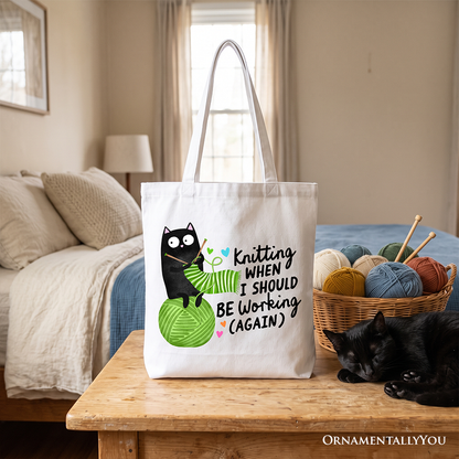 Cute Black Cat Knitting Tote Bag for Crafters