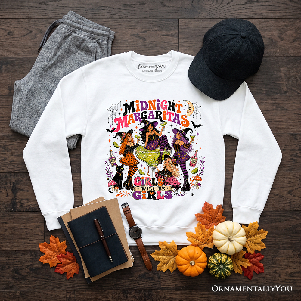 Midnight Margaritas Retro Halloween Sweatshirt white with witch cocktail graphic OrnamentallyYou on Tampa Home & Garden Store