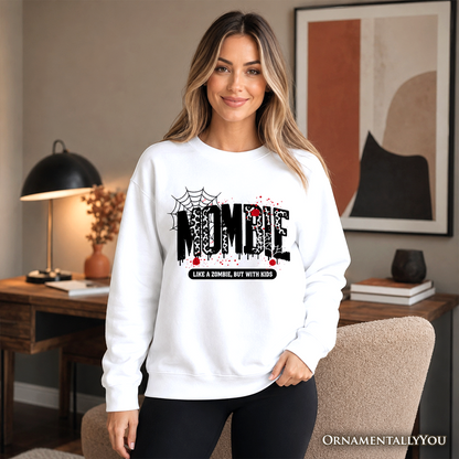 Mombie Like a Zombie Sweatshirt with spider web graphic on white OrnamentallyYou brand on Tampa Home & Garden Store