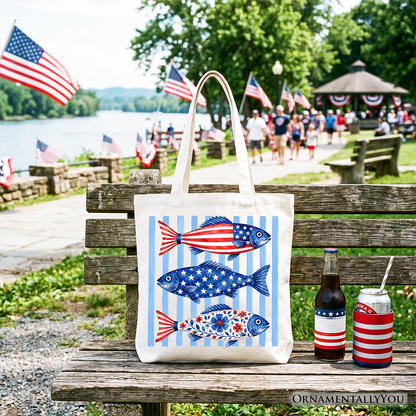 Patriotic Fish Striped Tote Bag for the Beach