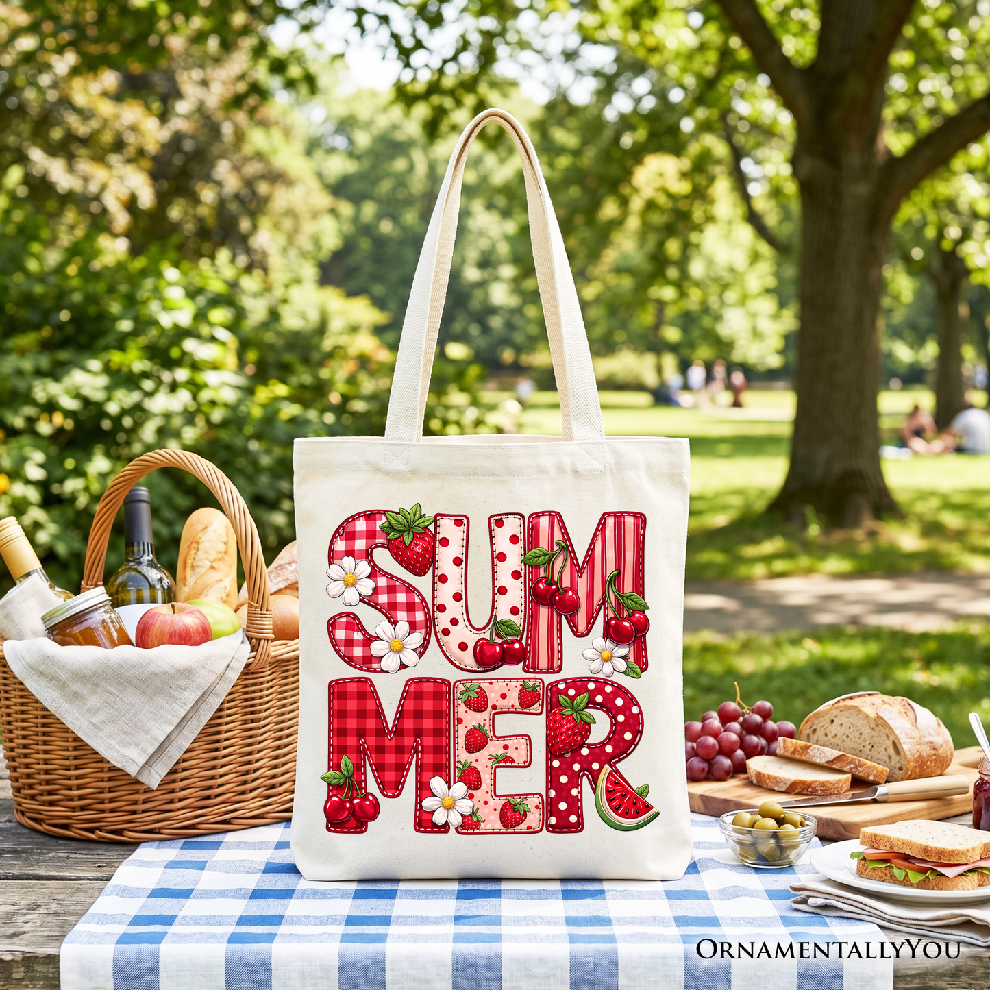 Strawberry And Faux Patchwork Canvas Tote Bag